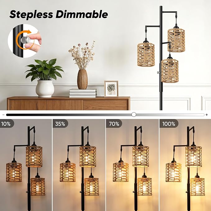 ROTTOGOON Dimmable Rattan Floor Lamp, 3 x 800LM LED Bulbs Included, Boho Tree Standing Lamps with 3 Hand-Woven Octagonal Lantern Shades, Industrial Floor Lamp for Living Room, Bedroom, Office - Black