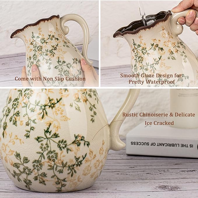 Green and Beige Vintage Vase with Handle, Ceramic Floral Pitcher Vase, Farmhouse Decorative Large Vases for Bouquet, Home Décor, Kitchen, French Country, Chinoiserie, Tuscan Decor, 8.3 Inch