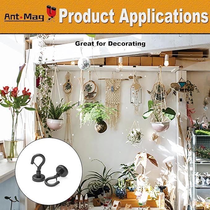 Ant Mag Black Magnetic Hooks Heavy Duty with Snap 22lbs Strong Magnet Hooks Great Hanging for Refrigerator, Cruise Cabin, Grill, Wreath,Kitchen,Office 8 Pack