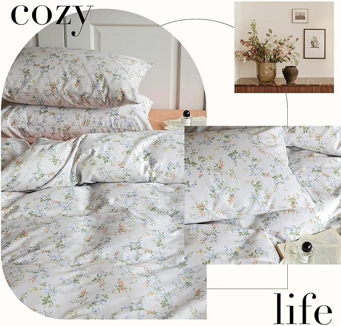 HighBuy Lightweight Cotton Floral Duvet Cover Twin XL Yellow Blue Floral Pattern Bedding Set Twin XL Vintage Boho Floral Comforter Cover 2 Pillowcases Aesthetic Green Botanical Duvet Cover Set