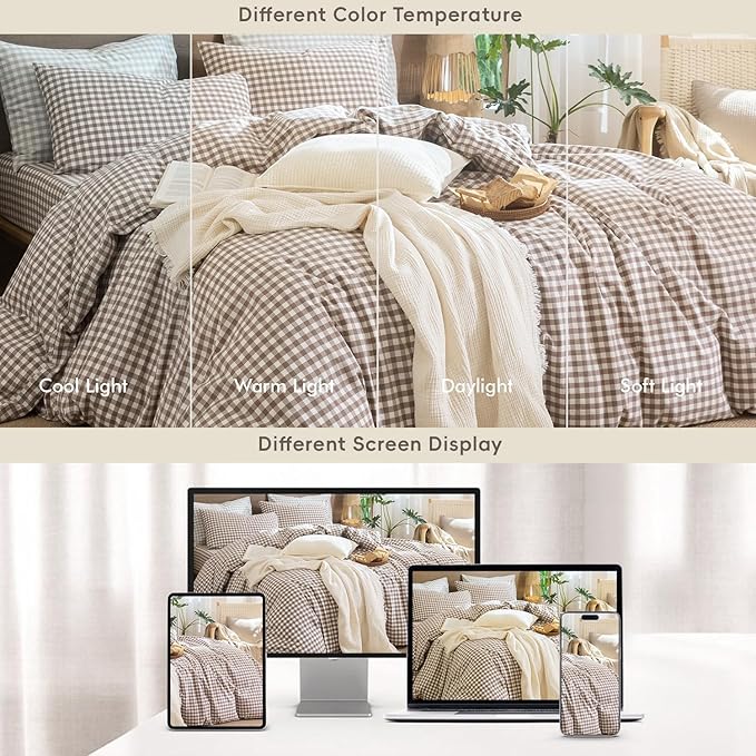 MooMee Gingham Duvet Cover Set 100% Washed Cotton Linen Like Textured Breathable Durable Soft Comfy Modern Checkered Design (Brown Gingham, Super King 108"x98")