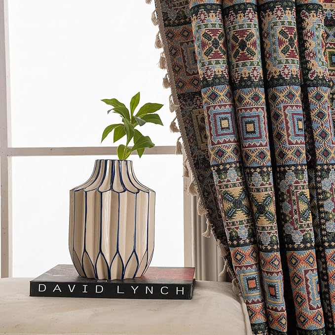 ENJOYBRIDAL Patchwork 63 Inch Curtains for Bedroom Living Room Drapes Jacquard Bohemian Semi Sheer Short Window Curtains 2 Panel Sets Vintage Geometric Black Rod Pocket Boho Window Treatments