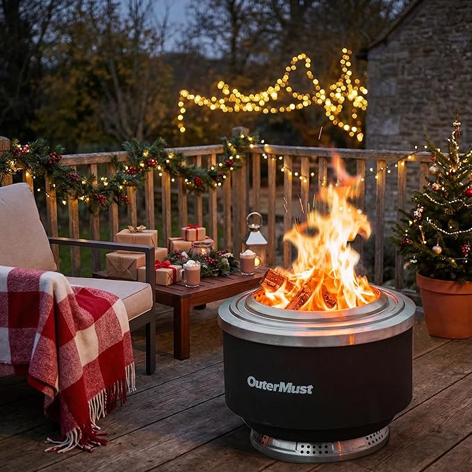 OuterMust 24 Inch Smokeless Fire Pit for Outside with Deck Safe Stand Wood Burning Outdoor Fireplace with Ash Pan for 5-7 Persons Stainless Steel Portable Bonfire for Patio, Deck, Backyard & Camping