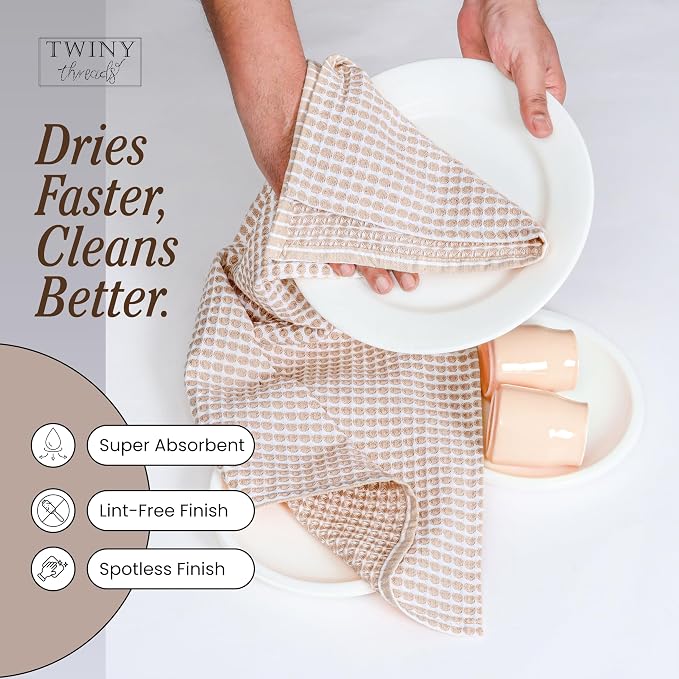 TWINY threads Circle Waffle Dish Towels 4 Pack, 16x26 Inches, 100% Cotton, Heavy Duty, Absorbent Dishcloth Set, Perfect for Drying Dishes for Kitchen, Rustic Homes, Embroidery, General Use, Beige