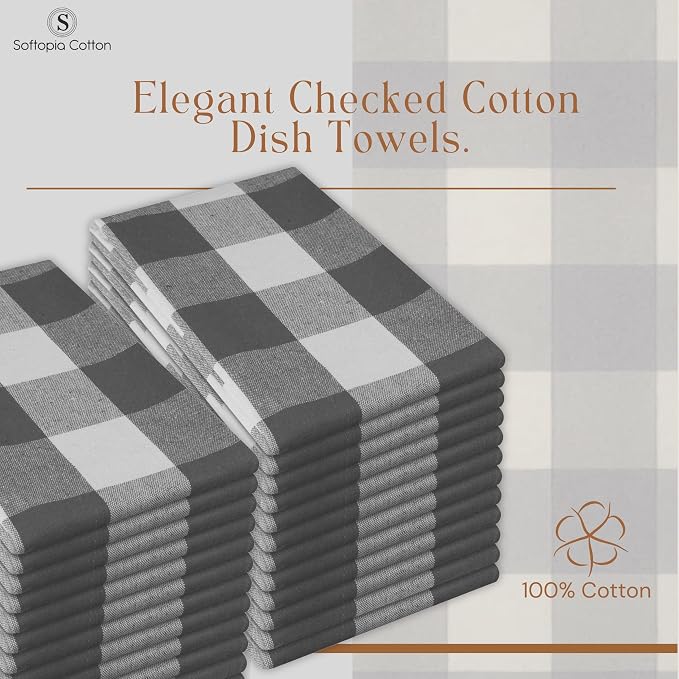 Gray Buffalo Plaid Checked Dish Towels 12 Pack, 100% Cotton, 16x26 Inches, Super Absorbent, Quick Drying, Soft, Lint-Free, Durable Tea & Bar Towels with Hanging Loop, Grey and White