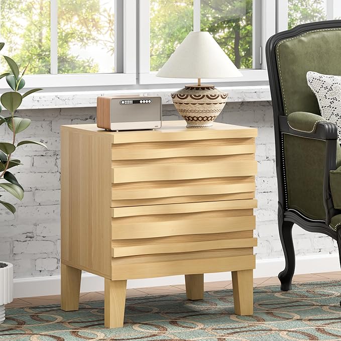 UEV Solid Wood Nightstand Set of 2, 19.7" W Boho Nightstand with 2 Drawers, Fluted Wood Night Stand, Mid Century Modern Bed Side Table for Bedroom, Ivory White