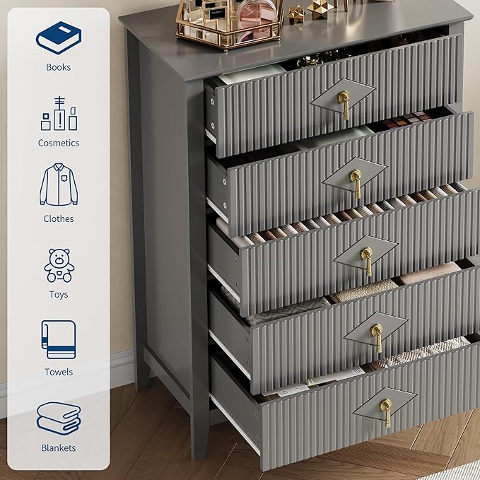 GarveeHome Fluted Dresser for Bedroom, 42.9" Tall 5-Drawer Wood Dresser, Modern Chest of Drawers, Storage Organizer Cabinet for Living Room, Hallway, Entryway, Grey