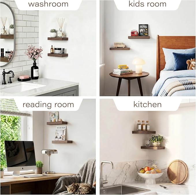 Smoke Gray Floating Shelves for Wall Set of 2, 11.8 Inch Small Wall Shelves for Bathroom Over Toilet, Hallway & Bedroom Storage, Wall Mounted Shelves for Decor, Candles & Small Plants