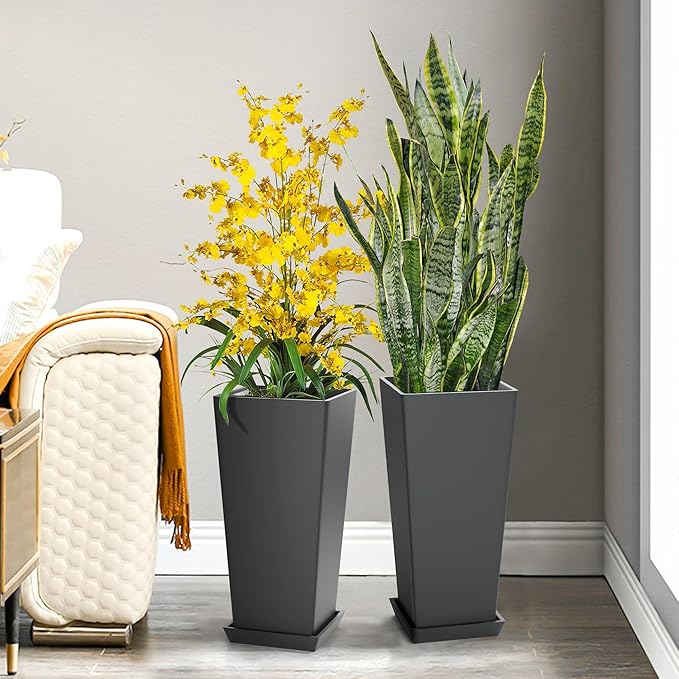 Set of 2 Tall Planters, 24" Large Indoor Outdoor Flower Pots with Tray, Modern Tapered Planters for Porch, Patio, Garden, Backyard