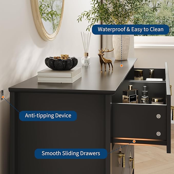 GarveeHome Fluted Dresser for Bedroom, 54 Inch Wide 6-Drawer Wood Dresser, Modern Chest of Drawers, Storage Organizer Cabinet for Living Room, Hallway, Entryway, Black