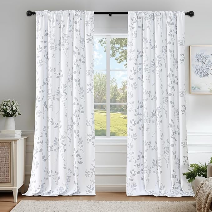 Beauoop Floral 100% Blackout Curtains 63 Inch Length 2 Panels for Bedroom Living Room Grey White Flower Patterned Room Darkening Thermal Insulated Soundproof Rod Pocket Back Tab Window Drapes, 52X63