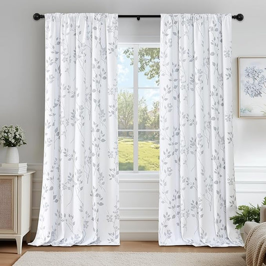 Beauoop Floral 100% Blackout Curtains 63 Inch Length 2 Panels for Bedroom Living Room Grey White Flower Patterned Room Darkening Thermal Insulated Soundproof Rod Pocket Back Tab Window Drapes, 52X63
