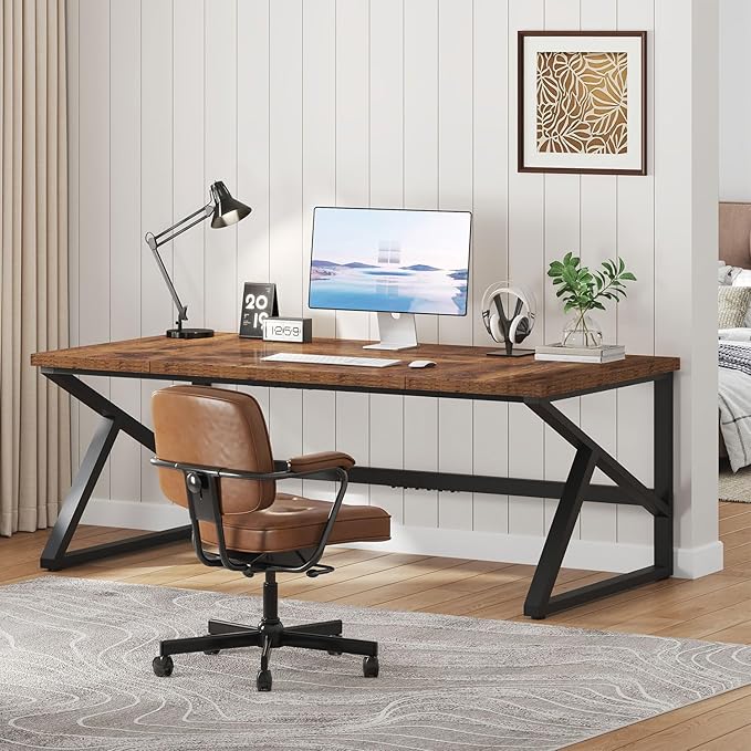 IBF 70 Inch Rustic Brown Desk, Industrial Large Metal Wood Double Computer Desk, Long Home Office Desks Table for 2 People Executive Work Writing Study Gaming, Farmhouse Big Two Person Desk in Bedroom