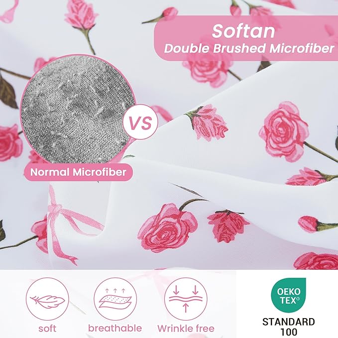 Softan Pink Floral Twin Bed Sheets, Cozy Microfiber Flower Printed Sheets with 15" Deep Pocket Fitted Sheet & Non-Slip Straps, Patterned Pink Rose - Bow Sheets & Pillowcase Set