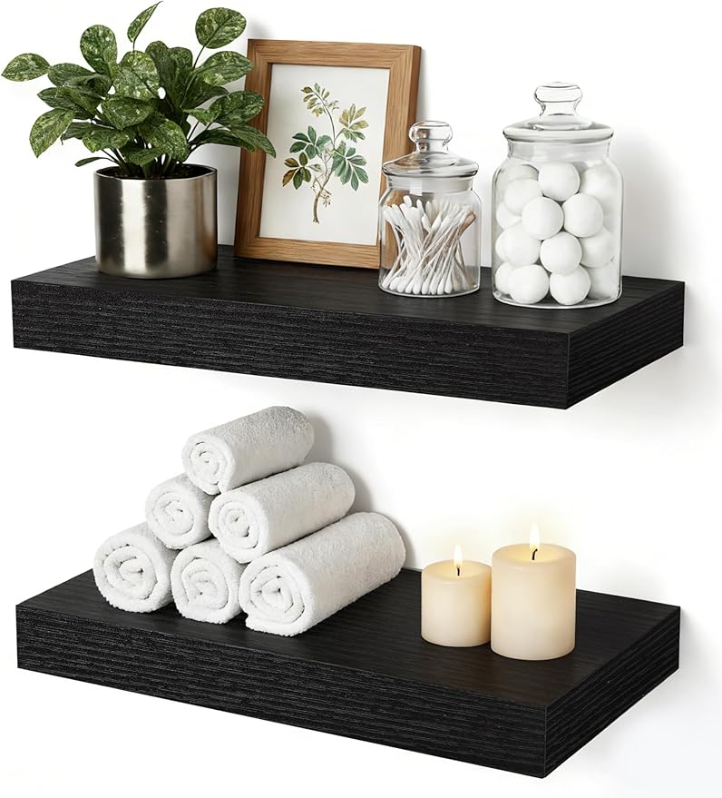 Floating Shelves Bathroom for Wall, Bathroom Shelves Over Toilet, Wall Shelves & Book Shelf, Hanging Shelf, Modern Wooden Wall-Mounted Small Floating Shelves, 12x7x1.5 in (Black, Set of 2)