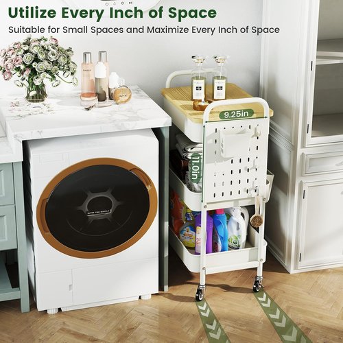 Danpinera Rolling Utility Cart - 3-Tier Craft & Snack Cart with Wheels, Drawer, Hooks & Wooden Top - White