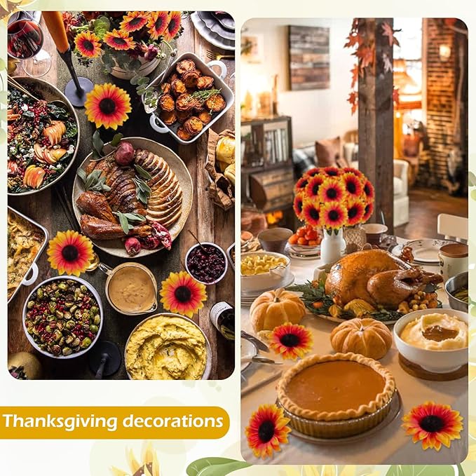 40pcs Fake Sunflower Heads with Stems, 4" Fall Sunflower Artificial Silk Flower Heads for Party Baby Shower Wedding Making Handicrafts Home Fall Decor(Fall Orange)