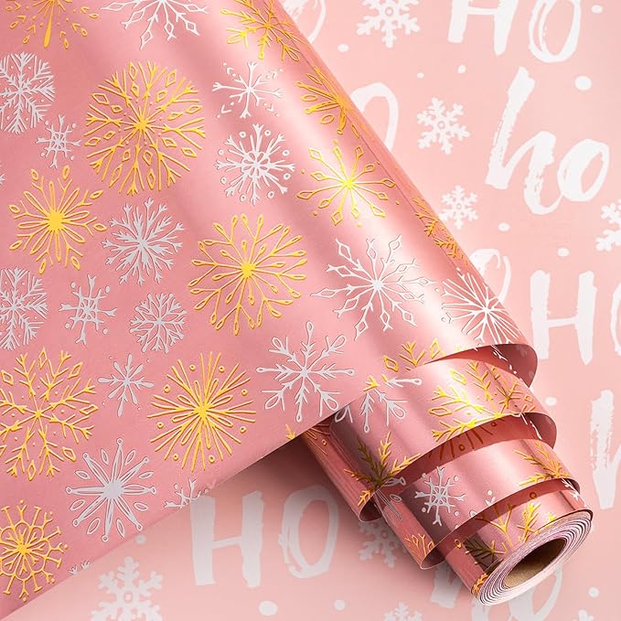 MAYPLUSS Pink Christmas Wrapping Paper Roll - 17IN X 33FT - Christmas Gift Wrapping Paper Featuring Gold and White Snowflake Reversible HO for Kids, Holiday, New Year