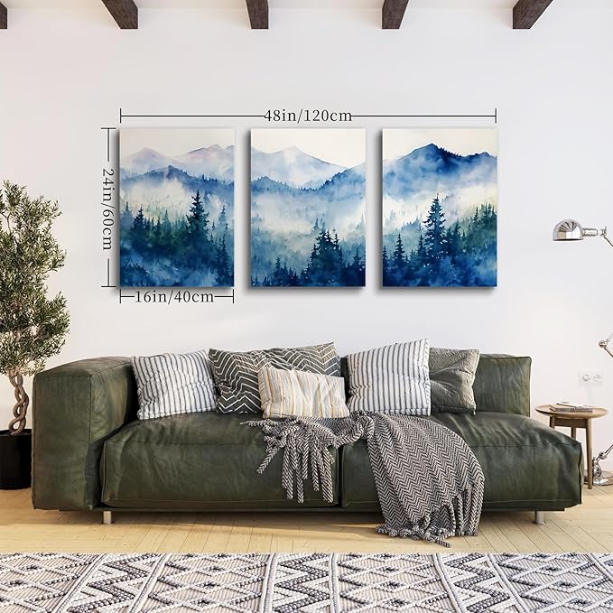 SERIMINO Nature Landscape Canvas Wall Art for Living Room, Forest Mountain Canvas Prints Paintings, Blue Modern Farmhouse Wall Decor for Bedroom Bathroom Set of 3, 16"X24"