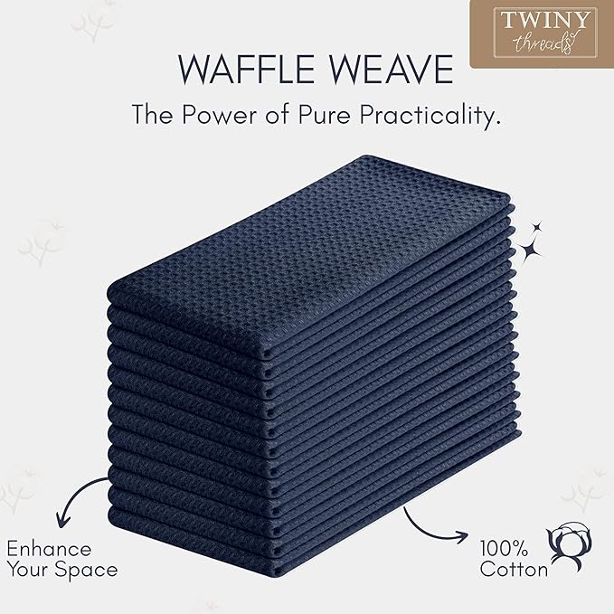 TWINY threads Kitchen Towels Set of 4, 16x26 Inches, 100% Soft Cotton Waffle Weave Dish Towels, Absorbent Tea Towels with Hanging Loop, Washable Reusable Cloths for Cleaning and Dining, Navy
