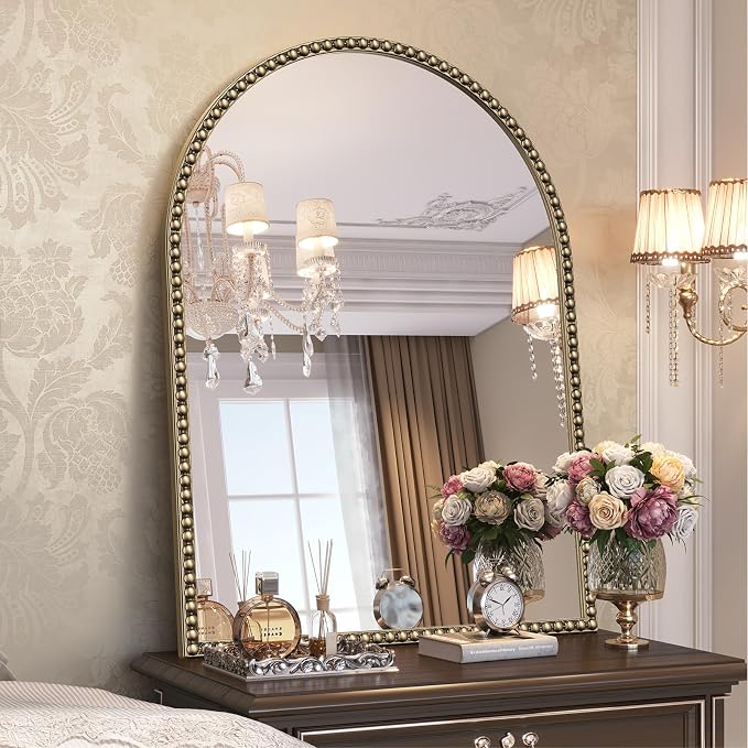 Arched Beaded Mirror for Bathroom, 24"x32" Antique Gold Arch Vanity Wall Mirror, Retro Brass Metal Frame Champagne Bronze Mirrors for Bedroom Dressing Room Entryway Fireplace