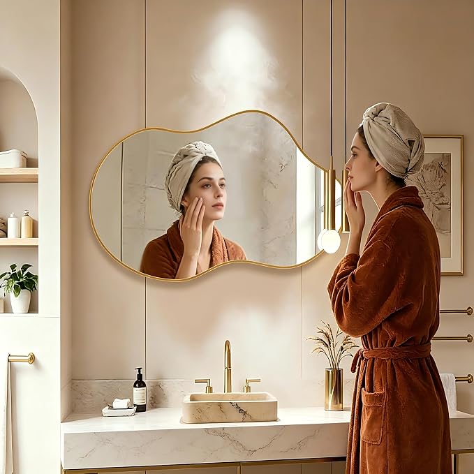 Irregular Wall Mirror 20×36 Inch Wall Mirrors Decorative Gold Modern Asymmetrical Abstract Mirror for Bathroom Bedroom Living Room Entryway Hallway
