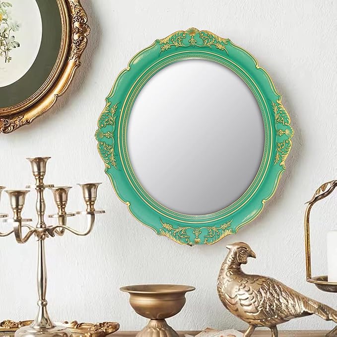 YCHMIR Vintage Decorative Wall Mirror 14.8 x 13.1 Inch Oval Mirror （Green）