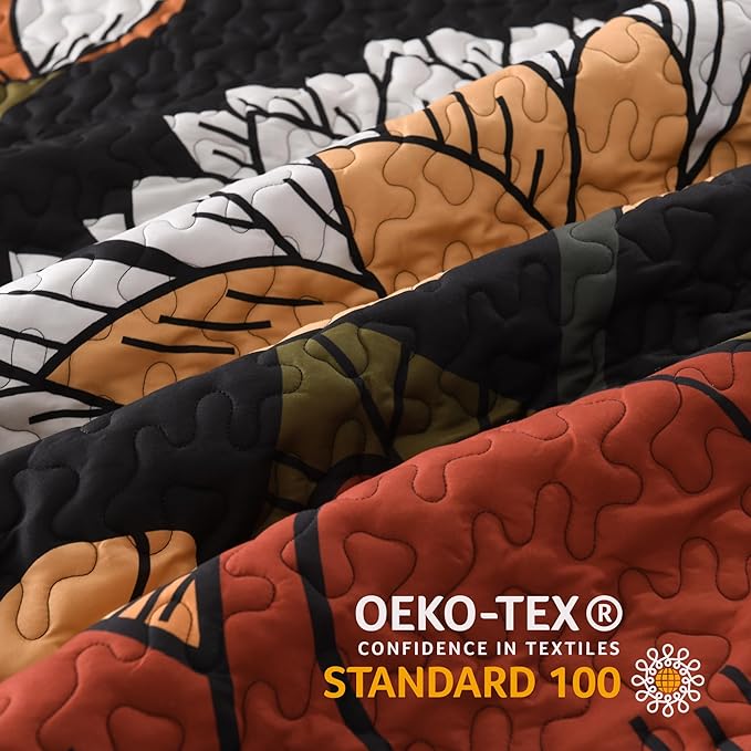 Andency Floral Boho Super King Quilt Bedding Set Black, 3 Pieces Farmhouse Flower Botanical Bedspreads with 2 Shams, Soft Reversible Lightweight Microfiber Coverlet Set for All Season, 120"x120"