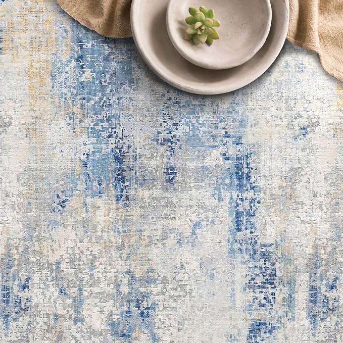 6x9 Area Rug, Ultra-Soft Washable Rug for Living Room, Dinner Room, Bedroom, Non-Slip Modern Abstract Rug, Indoor Carpet Large Area Rug, Blue Ivory Yellow