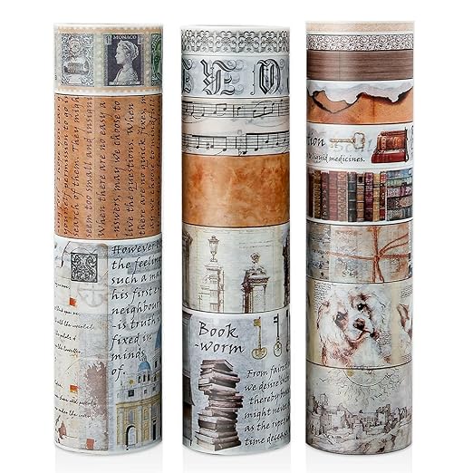18 Rolls Vintage Washi Tape Set, Castle Stamp Music Retro Masking Tape 5/10/15/20/25/30/50/75mm Wide 6.56ft Long Decorative Scrapbook Tape for journaling, Scrapbooking Supplies, Junk Journal Craft