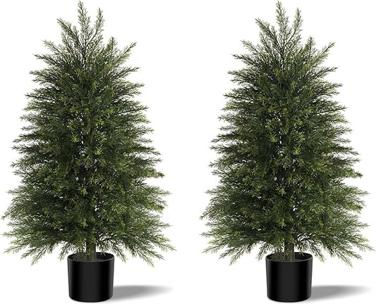 3FT Artificial Cedar Trees Set of 2, Realistic Faux Evergreen Topiary Bushes Plants, Outdoor Potted Fake Cypress Shrubs for Front Porch Garden Home Living Room Decor