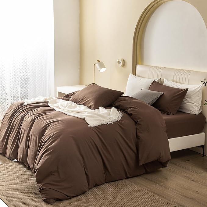 JIYUAN 100% Washed Cotton Duvet Cover Set 3 Pieces Queen, 1 Duvet Cover 90x90 Inches(Comforter Not Included) and 2 Pillowcases,Linen Feel Bedding Set Comfy and Breathable,Chocolate Brown