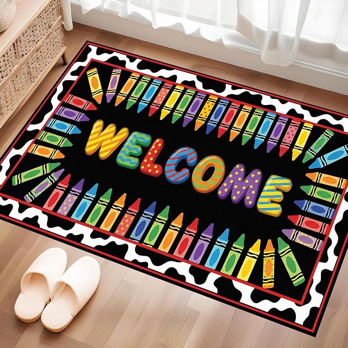Welcome Crayon Area Rug 2'x3' Colorful Alphabet Rugs for Entryway Bedroom Living Room Nursery Playroom Classroom Home Decor Non-Slip Washable Carpet Kids Floor Mat