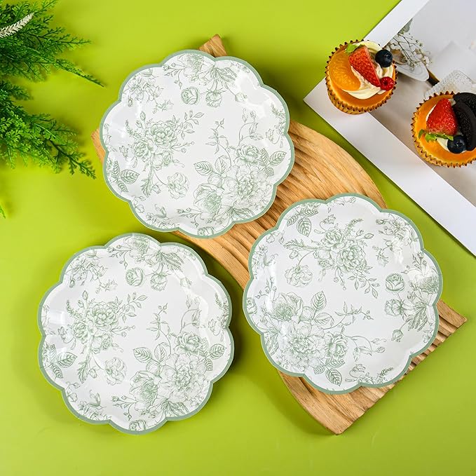 Green Floral Party Plates Vintage Floral Leaf Disposable Paper Plates Wildflower Sage Green Toile 7" Scalloped Rim Dessert Plates for Christmas Birthday Bridal Tea Party Supplies (24)