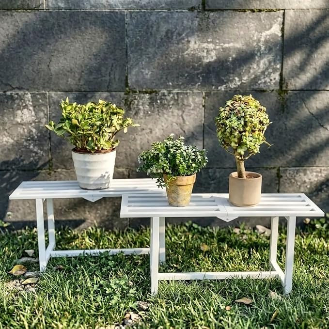 Plant Stand Indoor Outdoor, Foldable Metal Plant Shelf for Multiple Pots, Mid Century Slatted Bench for Patio Garden, Heavy Duty Capacity 330 lbs 2 Pack White