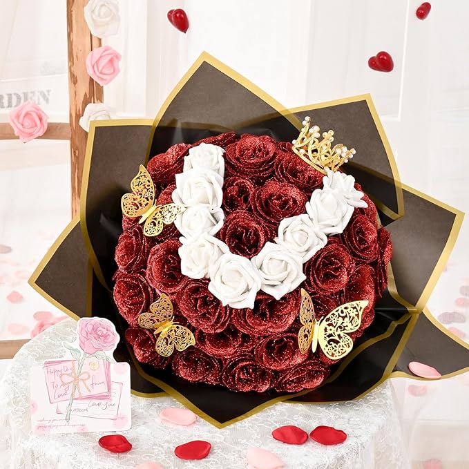 36+20 Glitter Roses Bouquet, DIY Fake Flowers Bouquet, Craft The Initials of Your Loves' Name with Artificial Rose Bouquet for Valentines, Anniversary, Wedding, Red & White