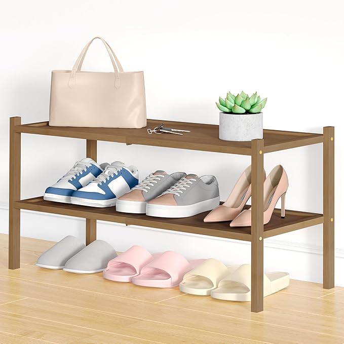 Smiry Bamboo Shoe Rack, 2 Tier Shoe Organizer for Entryway & Closet, Stackable Free Standing Storage Shelf for Shoes, Bags & Plants, Walnut