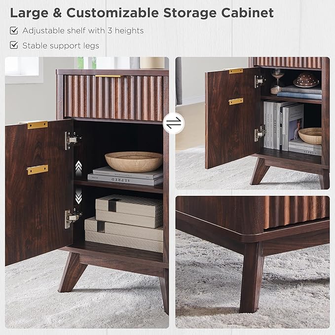 T4TREAM 60'' Fluted Executive L Shaped Desk, Modern Home Office Desk with Charging Station and File Drawer, Computer Corner Desks with Drawers & Storage Cabinet for Office Home, Bedroom, Dark Walnut