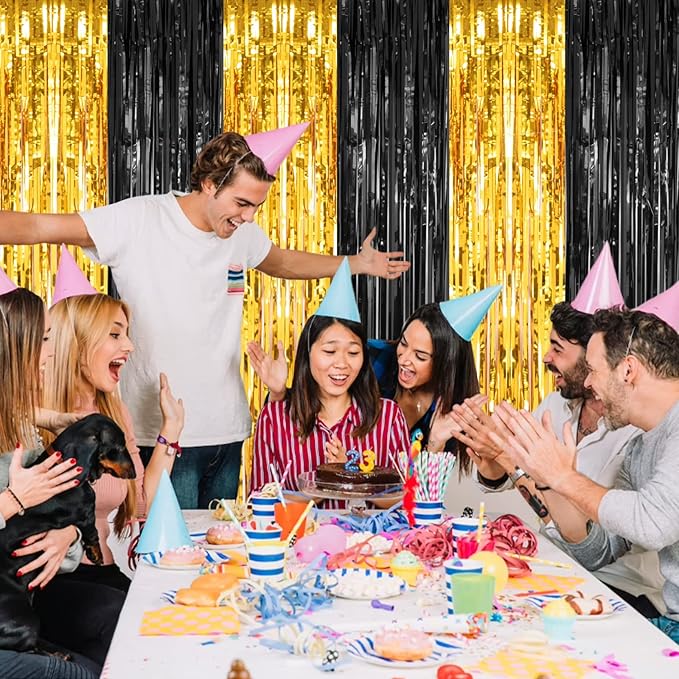 2 Pack 3.2x8.2 Feet Black and Gold Tinsel Backdrop Party Decorations, Foil Fringe Curtains Backdrop for Birthday Graduation Wedding Engagement Bridal