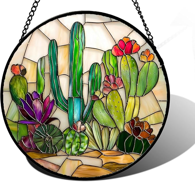 Stained Glass Window Hanging, White Green Cactus Suncatcher Diamond Glass Panel Hangings Sun Catchers Decor for Birthday for Women, Men, Wife, Aunt, and Mom 11.8x11.8 in