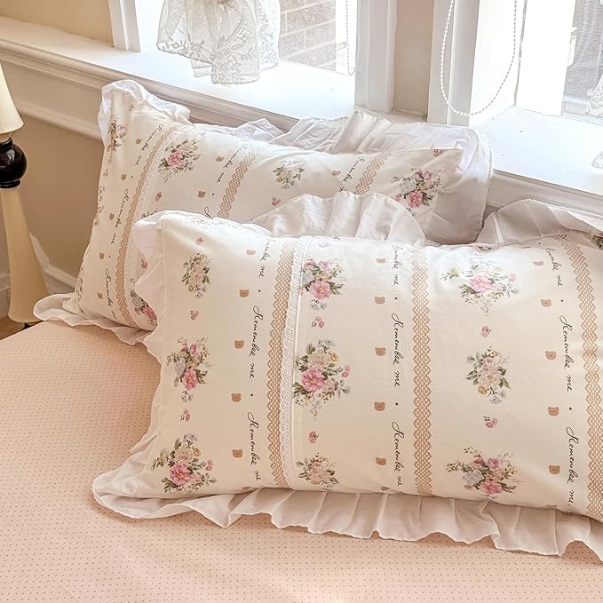 VM VOUGEMARKET Full Comforter Set Elegant Pink Flower Printed Romantic Ruffle Comforter with 2 Pillow Shams Reversible White Lace Bedding Comforter Set for Teen Girls(3pcs,Full)