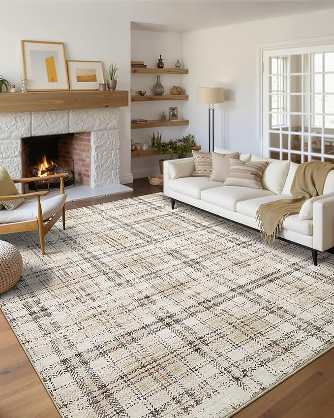 Modern Plaid Washable Rug 10x13 Area Rug for Living Room Soft Large Area Rug for Bedroom Non Shedding Non Slip Throw Rugs Stain Resistant Carpet for Dining Room Nursery Rug 10'x13' Beige