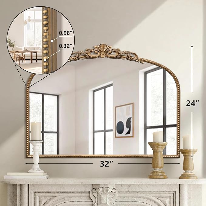 Micasso Vintage Wall Gold Mirror: 32"x24" French Baroque Antique Mirror - Traditional Ornate Decorative Arched for Wall/Bathroom/Entryway/Fireplace/Hallway - Home Decor for Living Room