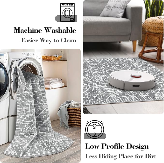 Wonnitar Moroccan Washable Rugs 4x6, Non-Slip Gray Living Room Area Rug, Boho Soft Large Rugs for Bedroom, Geometric Non-Shedding Thin Floor Carpet for Entry Kitchen Mud Room (Silver Grey,4'x6')