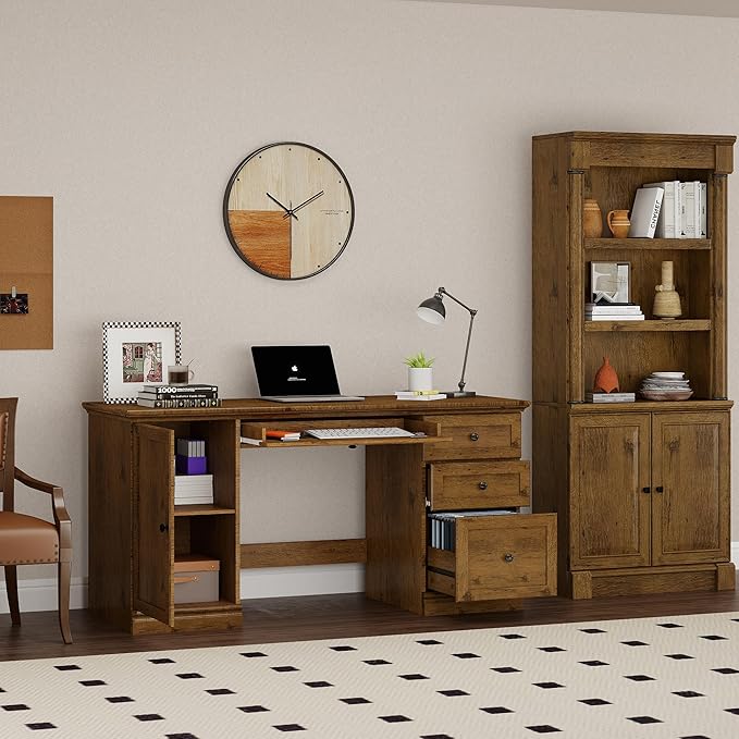 60.5" Executive Office Desk, Classic Computer Desk with File Drawer, Keyboard Tray Cabinet Storage, Farmhouse Wood Writing Desk for Home Office or Study, Vintage Oak