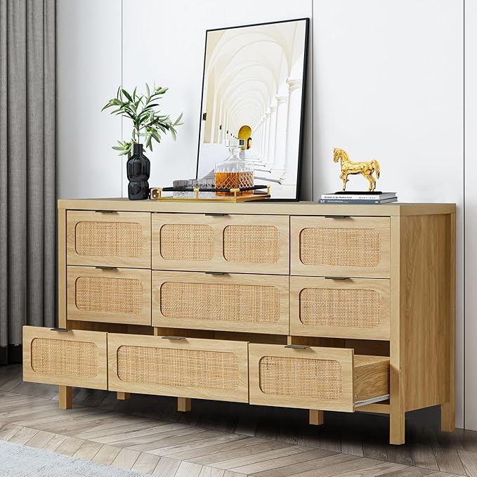 9 Drawer Dresser with Rattan Finish, Modern Farmhouse Chest of Drawers with Metal Handles, Accent Wood Dresser for Bedroom, Living Room (Natural)