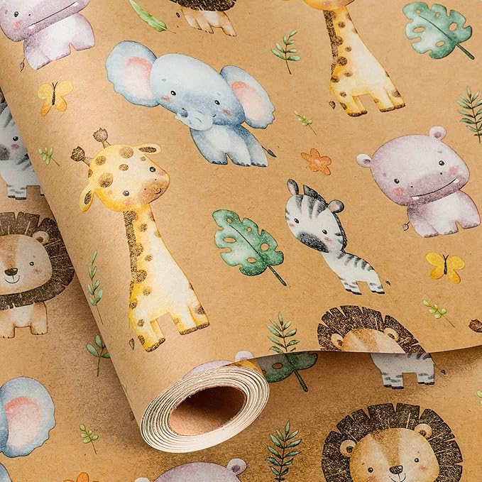 Burymento Kraft Animal Wrapping Paper, Cut Auxiliary Line Design Gift Wrap for Baby Shower, Birthday, Valentines, Mothers day, Graduation, Wedding, Fathers day, Christmas (17 Inch X 32.8 Ft)