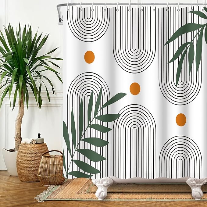 Boho Mid Century Shower Curtain Bohemian Minimalist Geometric Arch Sun Bathroom Curtain Sage Green Plant Polyester Shower Curtain Sets for Bathroom Extra Long 72x84 in with 12 Hooks