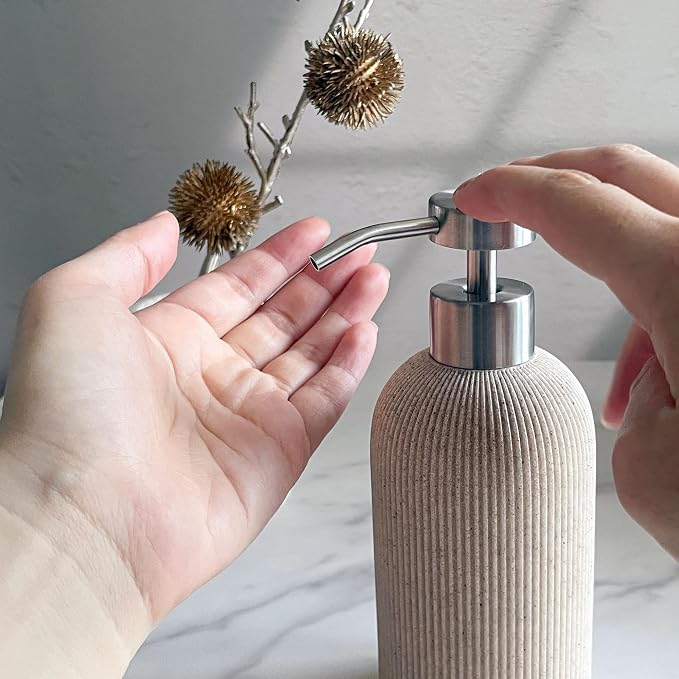 Lunestella Sand Beige Hand Soap Dispenser with Stainless Steel Pump, for Bathroom and Kitchen, Luxury Farmhouse, Boho & Zen Style, Sandstone Finish, Rust Proof, 7oz