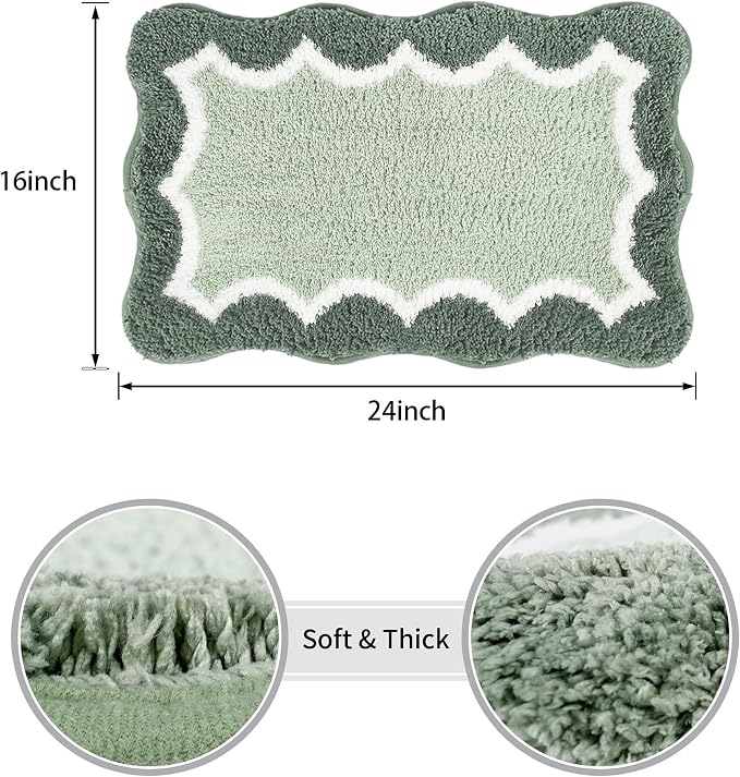 Scalloped Green Small Bathroom Rugs Mat,Non Slip Absorbent Quick Dry Bath Mats for Shower Room,Plush Microfiber Bath Rug for Bathroom Floor Washable Carpet for Shower Tub Sink Bedroom,16"x24"